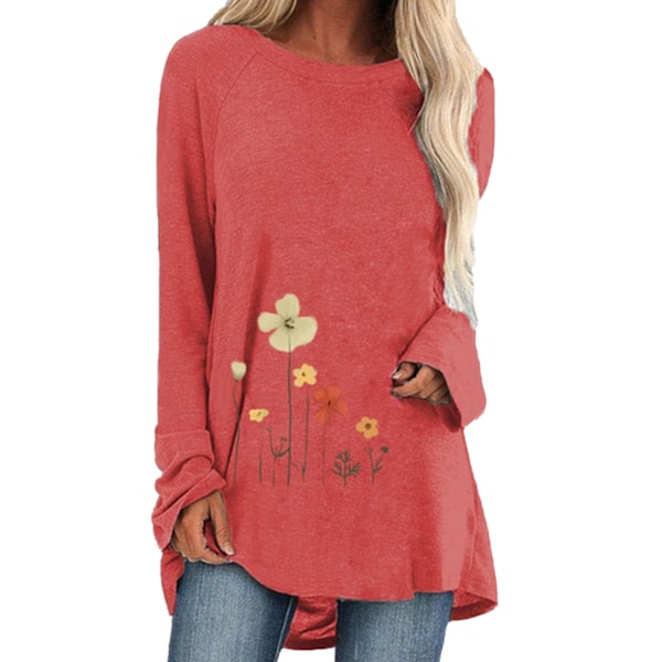 Dam Rundhalsad T-shirt Blommönster Långärmad Andningsbar Ledig Lös Blus Röd XXL