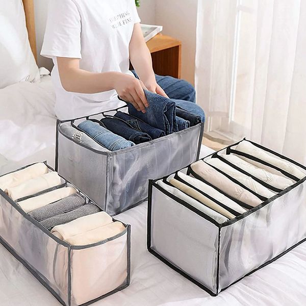 2 stk. Jeans Organizer Opbevarings Skuffe Bukser Sammenfoldelig Mesh Garderobe, Stor Kapacitet Garderobe Skab Boks Delere til Tøj Bukser Skuffe Opbevaring