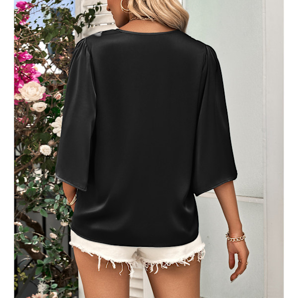 Dam V-ringad Topp Halv Bell Ärm Lös Modell Enfärgad Casual T-shirt för Sommarbruk Svart XL