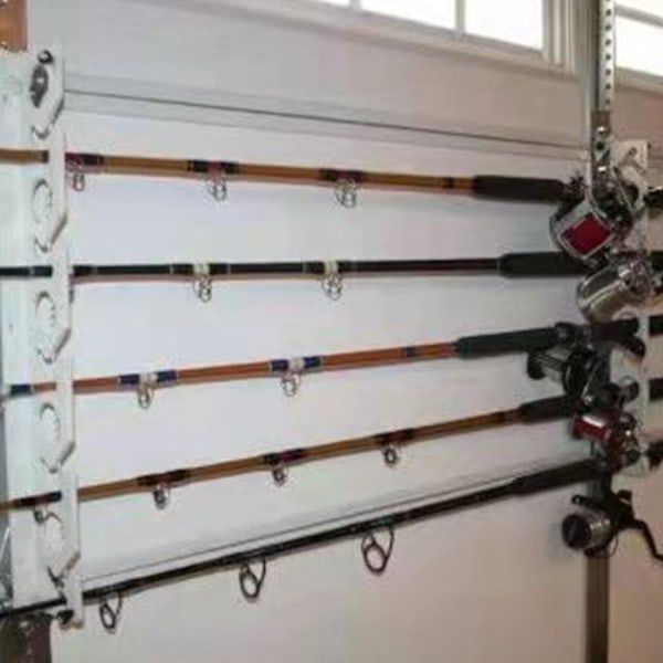 Spöhållare för platsbesparande vägg- eller takmontering, enkel installation, hållbar konstruktion, fiskespöställ för spö- och rullkombinationer, polypropen