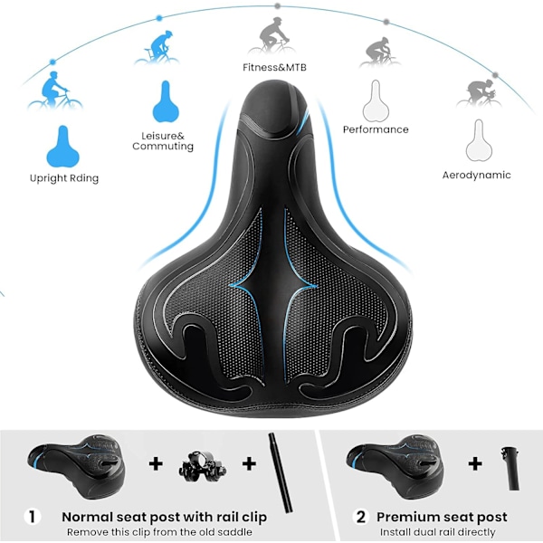 Andningsbart cykelsäte i memory foam, tyst fjädring med vattentätt läderöverdrag, ergonomisk design för säkra natturer