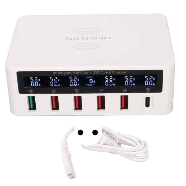 6-porters USB-ladestasjon 100W trådløs smart hurtiglading multiport USB-hub-lader med LED-skjerm 100-240V