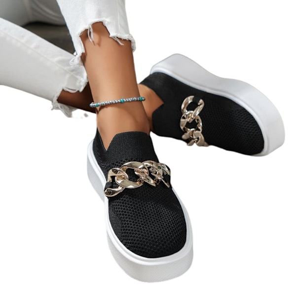 Andningsbara låga slip-on loafers med tjock sula och kedjedekoration för dam