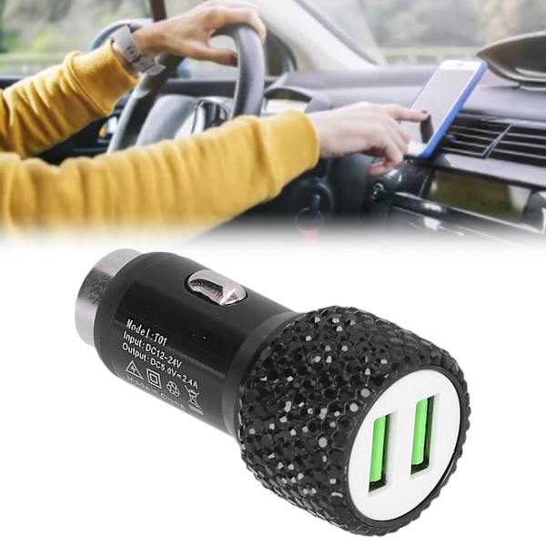 USB Billader 5V Rhinestone Dekoration Dobbelt Port Hurtig Opladning Adapter Bil Interiør Tilbehør Sort