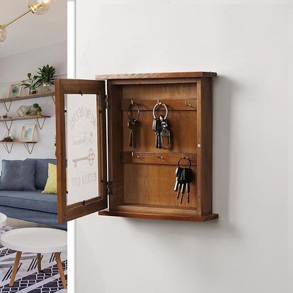 Tränyckelbox - Retro väggmonterad nyckelskåp med magnetisk dörr, miljövänlig hållbar förvaring i massivt trä med 6 krokar, kreativ heminredningshållare - Brun