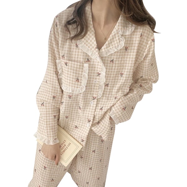 Pyjamas Set Sött Körsbärsmönster Prickigt Långärmad Öppen Fram Lös Sovset Sovkläder Aprikos Färg XL för 57,5‑65kg
