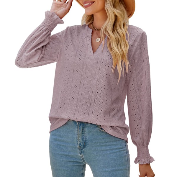 Kvinder Ruffle Langærmet Skjorte V Hals Hullet Ud Bluse Løs Ren Farve Pullover Langærmet Top Læder Pink S