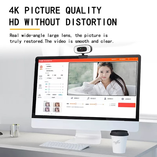 4K Webbkamera för videosamtal, Full HD-webbkamera med 360° PTZ-klämma och sekretesskydd för ökad säkerhet
