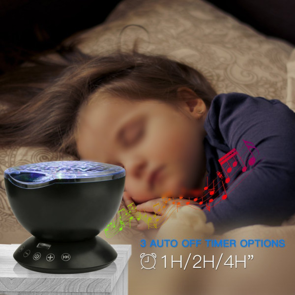 LED Ocean Wave Natlampe Projektor Med 7 Farver Lys Indbygget Blød Musik Sort