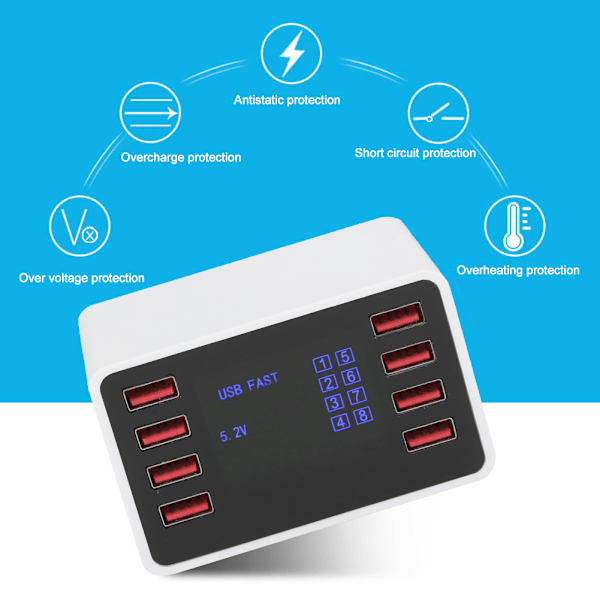8-porters skrivebordsvegglader smart hurtigladestasjon 3.0 USB C med LCD-skjerm 100‑240VEU-plugg
