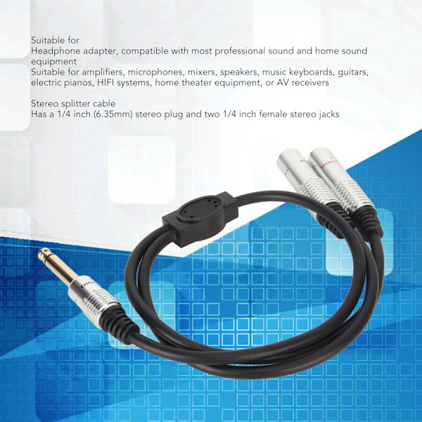 1/4 tommers stereo splitter Y-kabel i aluminiumlegering, 6,35 mm mono hannkontakt til dobbel 6,35 mm hunnkontakt, kabel 19,7 tommer