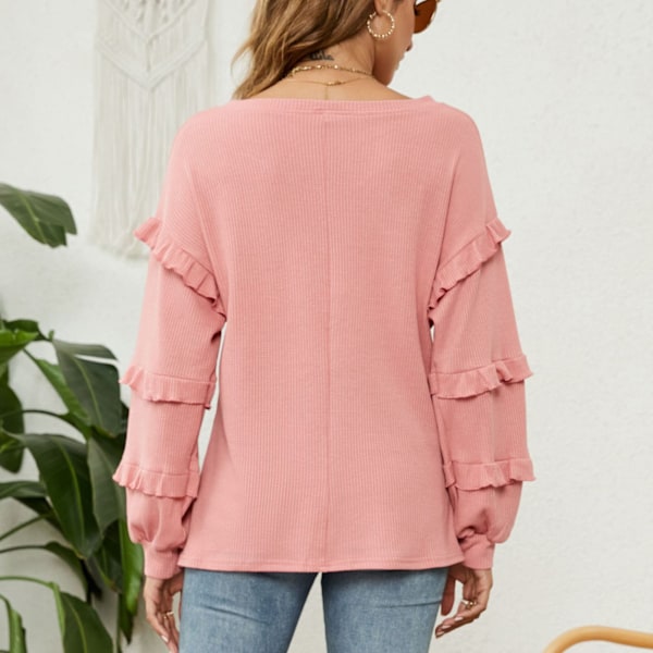 Dam Lång Puffärm V-ringad Topp Lös Ledig Enfärgad Volangärm Skjorta Blus för Kontorsarbete Rosa L