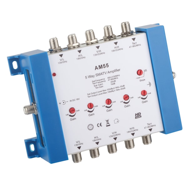 5-veis kabelsplitter med høy isolasjon, metallhus, 10 dB returtap, TV-antenneforsterker for innendørs bruk, 100‑240V EU-plugg