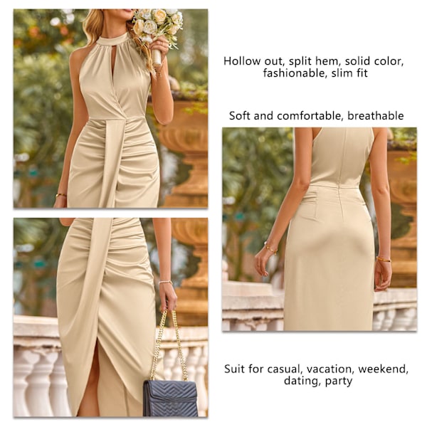 Halterneck Klänning Enfärgad Delad Fåll Elegant Bekväm Ärmlös Midiklänning för Fest Dejt Champagne S