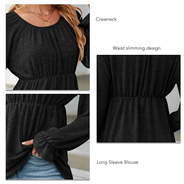 Dam Långärmad Blus Rund Hals Enfärgad Midjesmickrande Slimmad Casual Bekväm Topp för Shopping Dejting Kontor Svart M