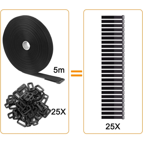 5m justerbare kabelstropper med 25 løkker, sorte genanvendelige kabelbind, velcro-fastgørelsesstrop til kabelstyring (5m x 2cm, sort) longziming