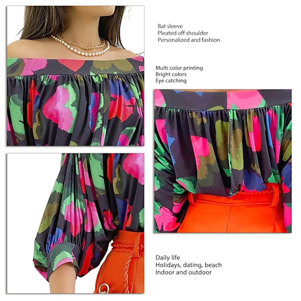 Fladdermusärm Topp Dam Off Shoulder Lös Rynkad Kort Flerfärgad Tryck för Sommar Svart M