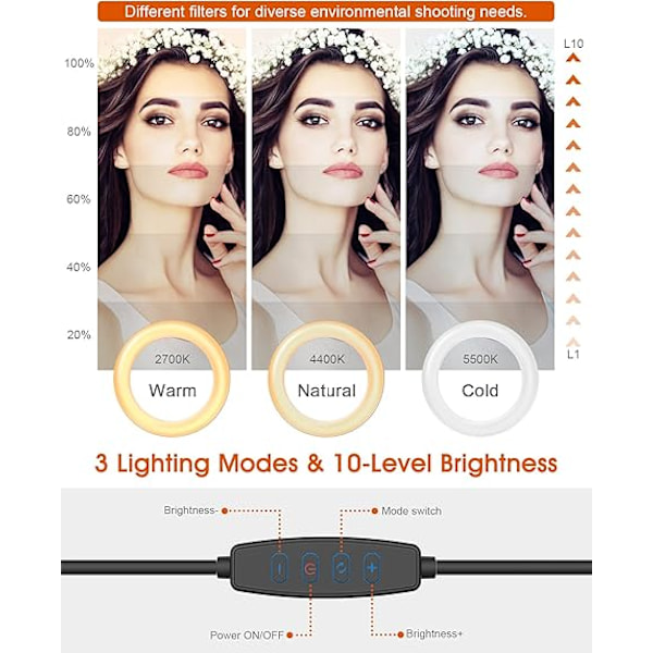 Ring Light med Multifunktionell LED-belysning, Universell Telefonhållare, Justerbar Höjd och 360° Rotation, Perfekt för Användning i Flera Scener