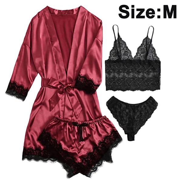 4 Pieces Women's  Satin Floral Lace Cami Top Lingerie Pajama Set with Robe Dressing Gown Kimono Lingerie Set Satin Pyjamas Lace Robe Bra