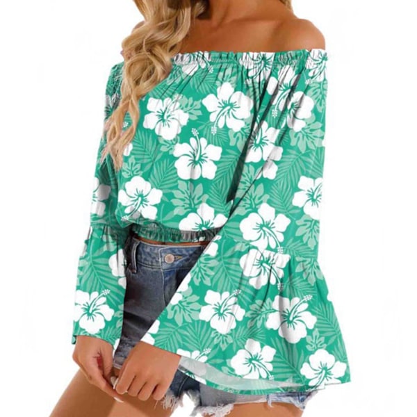 Dam Off Shoulder Topp Casual Utsvängd Långärmad Volang Blus Rynkad Lös Elegant Skjorta Grön M
