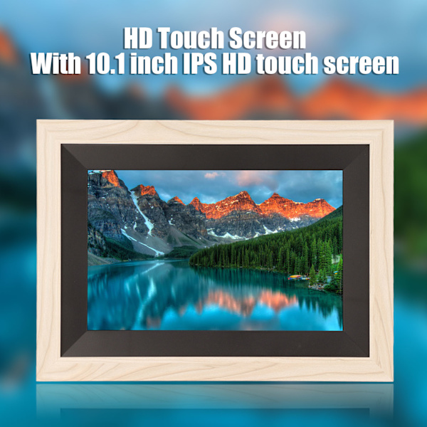 10,1 tommer digital foto ramme 1280x800 IPS touchskærm WiFi elektronisk billedramme med træramme 100‑240V EU-stik