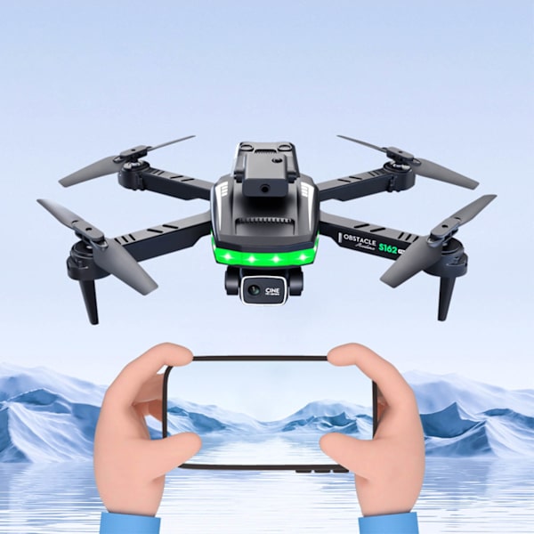 S162 RC Drone Hindring Unngåelse WIFI Drone Fjernkontroll Quadcopter med 4K HD Dual Kamera LED Grønt Lys Strip