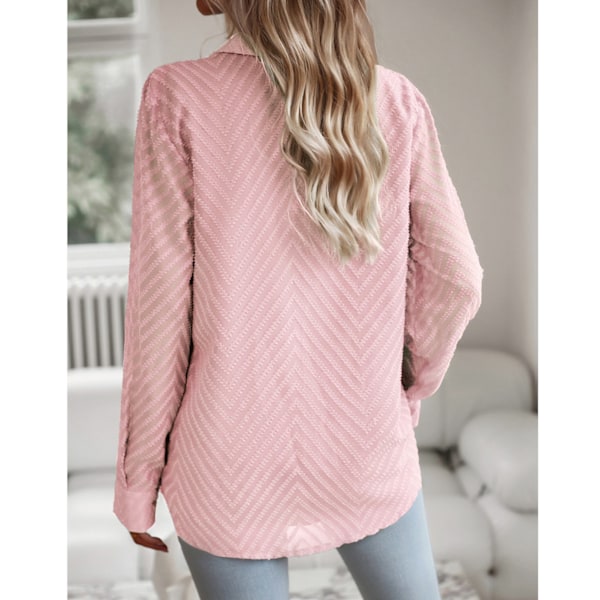 Dam Långärmad Knäppblus Nedfälld Krage Bröstficka Enfärgad Jacquard Skjorta Topp Rosa L