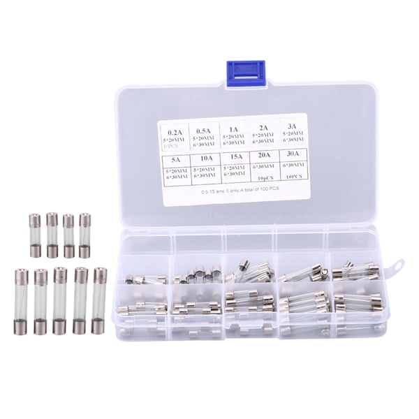 100 st 5*20mm 6*30mm sortiment bilglas säkring rör kit 0.2A 0.5A 1A 2A 3A 5A 10A 15A 20A 30A