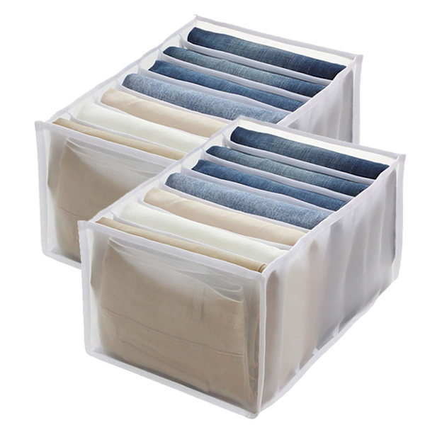 2 x Jeans Opbevaringsboks Skuffe Tøj Skuffe Mesh Divider Box Garderobe Tøjarrangør 7 Rum (Hvid, 36 x 25 x 20 cm)