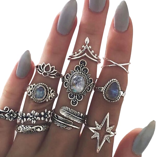 15 stk. kno-ringe til kvinder, stablebare ringe sæt Boho Vintage legering hule ringe
