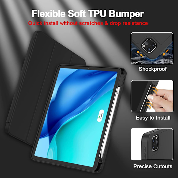 Fodral för iPad Pro 11 tum med inbyggd pennhållare, Slim Trifold Smart Cover, mjukt PU-läder, TPU-baksida, stöd för 2:a generationens penna laddning, Auto