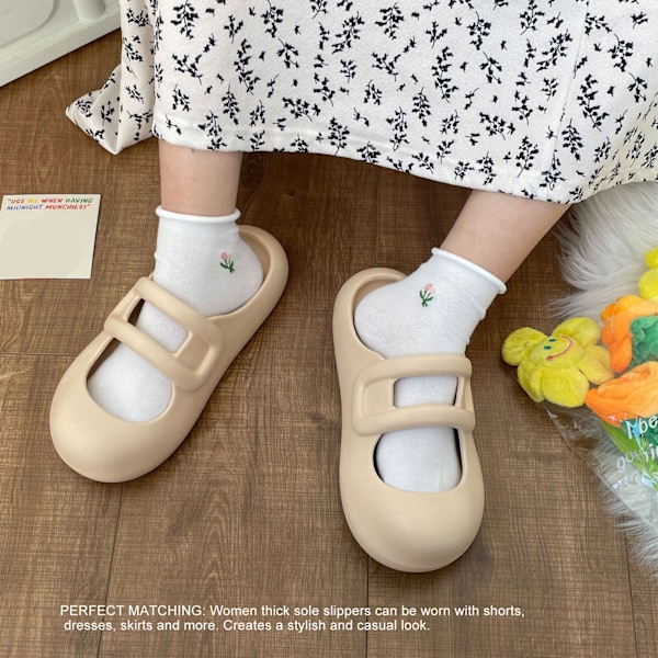 Damskor med stängd tå, mjuka flexibla enfärgade EVA rundhuvade damsandaler med tjock sula och plattform, Khaki 38-39