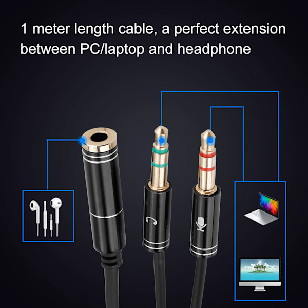 3,5 mm hona till 3,5 mm dubbla hane ljudförlängningskabel hörlurar splitter mikrofon öronsnäcka adapter