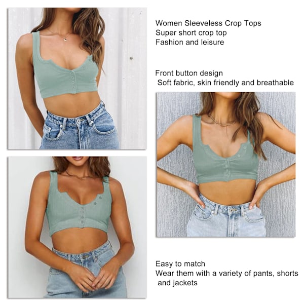 Ärmlösa Crop Tops för Kvinnor Mode Slim Fit Enfärgad Linne Crop Tank Top för Strand Ljus Grågrön XL