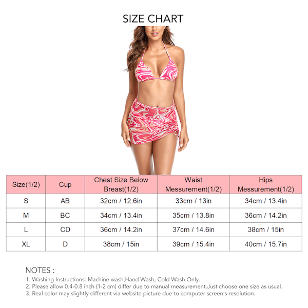 3-delad Split Bikini Blommig Halterneck Baddräkt med Mesh Cover Up Strandkjol Rosa S