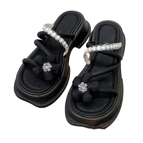 Slippers med öppen tå, tjock sula, blomdekoration, trendiga, avslappnade, bekväma sandaler för strand, shopping, resor, svart, 36