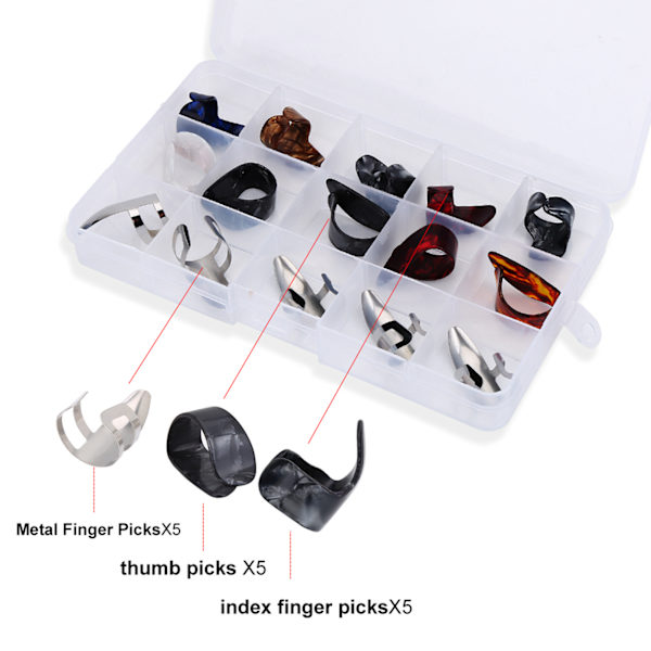 15 st DIY tumme pekfinger fingerplockar skyddstillbehör med förvaringslåda för gitarr