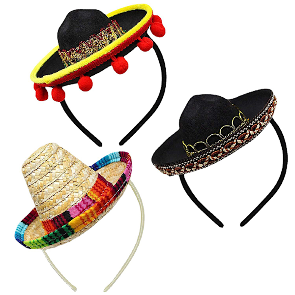 3 Pack Cinco De Mayo Fiesta Headbands Party Decorations Non Woven and Straw Sombrero Party Hats Photo Booth Props for Kids Pet