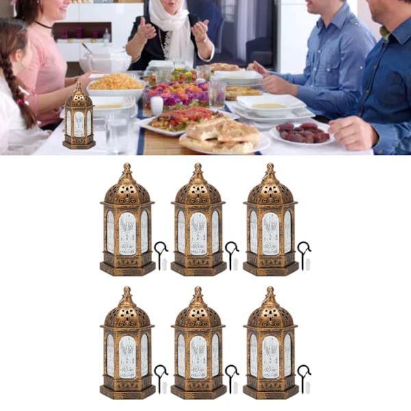 Mini Ramadan Lyhty Retro Marokkolainen Tyyli Koristeellinen LED Eid Mubarak Lyhty Kotiin Pihalle Häät Festivaali 6kpl Pronssi Kulta