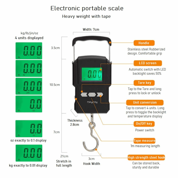 Fiskvåg Med Måttband, Inbyggt Måttband Noggrann Digital LCD-Display, Högprecisions Töjningsgivare För Utomhusaktiviteter: