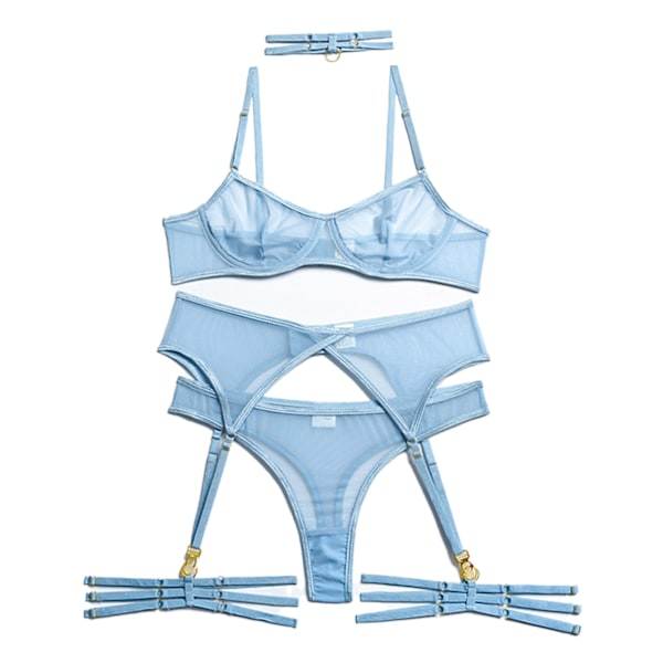 Dam Mesh Strappy Underklädesset Trendigt Charmigt 4-delat Underklädesset med Choker Bygel Trosa Blå S