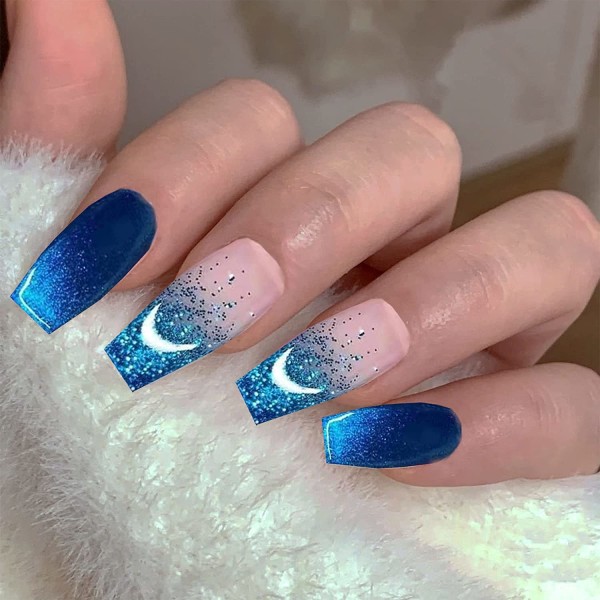 Medium Coffin Press on Nails   Blå Gradient Fake
