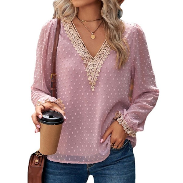 Dam Blus Lös Spetsmanschett Långärmad Spetskant Djup V-ringning Jacquard Blus för Kvinnor Rosa L