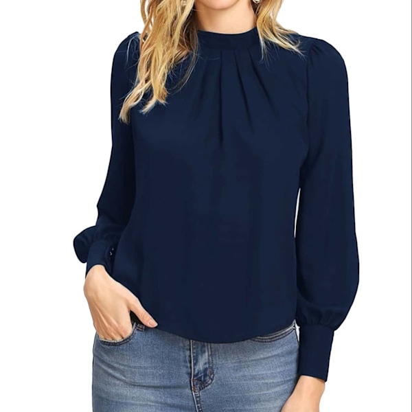 Dam Skjorta Liten Hög Hals Hål i Ryggen Lykta Lång Ärm Chiffong Lös Dam Casual Pullover Mörkblå L