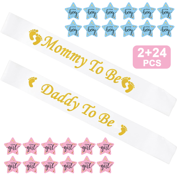 2 Pcs Mommy To Be Sash, Daddy To Be Sash, White and Gold Satin Sash with 24 Pcs Gender Reveal Stickers, Daddy and Mommy To Be Badge Sash for Baby Show