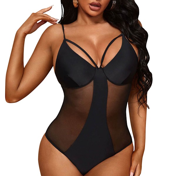 Baddräkt i mesh, charmig ihålig mesh-lappdesign, bikini i ett stycke för damer, för strand, svart L
