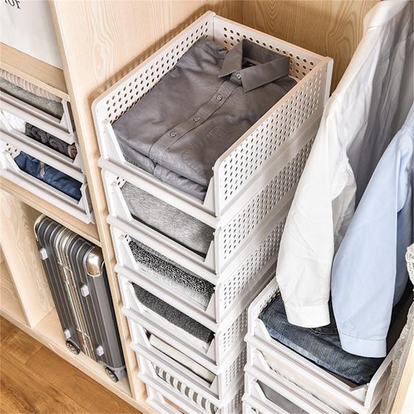 Stapelbar förvaringskorg i plast, stor öppen låda, garderobstygbehållare för sovrum, vardagsrum, offwhite