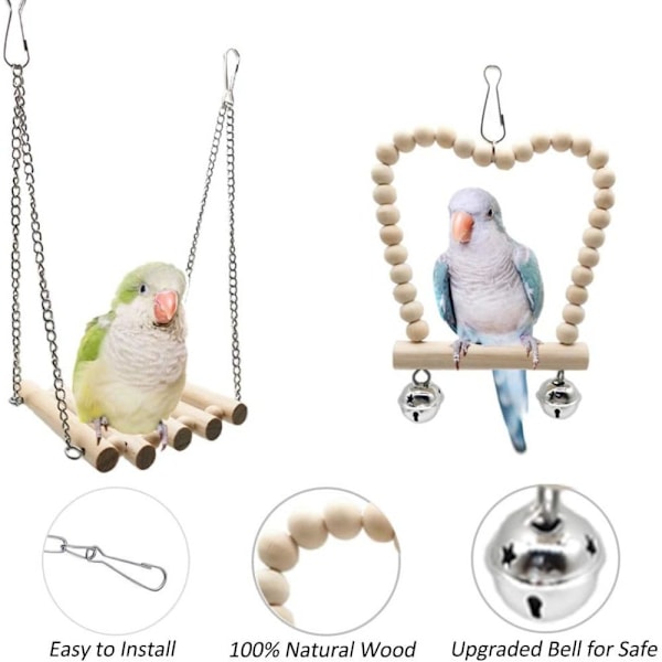 Parrot Lektidsglädje, 8 Delar Handgjorda Fågelbursaccessoarer med Tuggleksak, Hängande Spegel, Klätterstege, Giftfri Upphöjd Plats