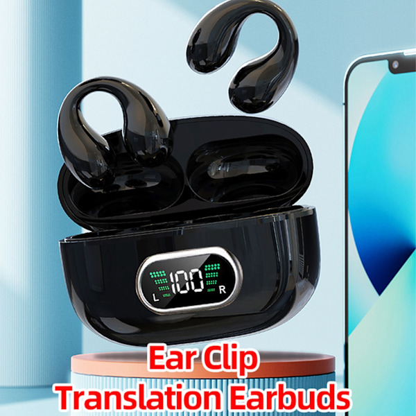 Bluetooth Översättningshörlurar 144 Språk Stereo Clip-On Översättningshörlurar med Laddningsfodral för Android för IOS Svart