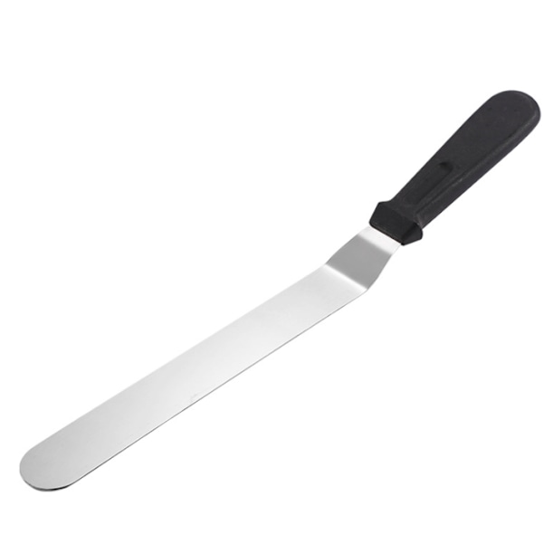 Tårtdekorationsspatel med flexibelt blad i rostfritt stål, vinklad design för optimal glasyrkontroll, halkfritt handtag för säkert grepp, enkel rengöring